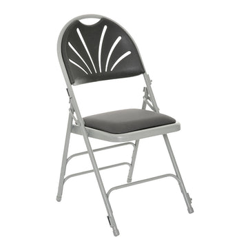 Red padded folding chair with plastic fan back design and light grey frame.